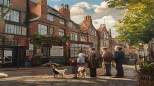 A family outside a Kent council building on a historic high street, looking at a notice board — illustrating the reader-friendly edition of Kent Local News Part 1 investigation into Kent Local Government Reorganisation