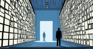 A lone figure facing a towering wall of blank glowing screens, symbolising control over what the public can see online
