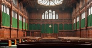 An empty parliamentary debating chamber with green benches