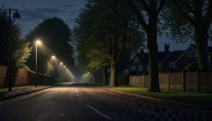 A row of street lights illuminating a quiet suburban UK road at dusk, lined with trees