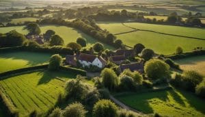 Aerial view of a rural Kent village with green fields, hedgerows and country lanes