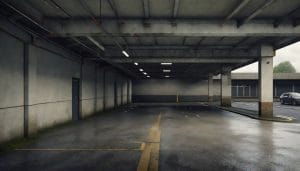 A generic undercover car park beneath a municipal building, with a concrete ramp leading to a street, photographed in overcast daylight