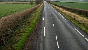 A new two-lane rural road through flat Kent farmland with a shared cycling and walking path alongside and newly planted hedgerows