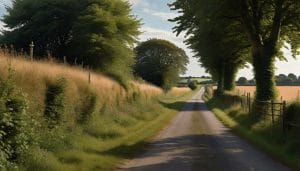 A grassy field boundary with mature hedgerows and trees alongside a quiet Kent village road, illustrative image