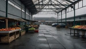 Empty outdoor market stalls beside a leisure complex on a grey morning, illustrative image