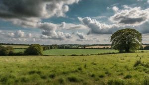 Open Green Belt countryside in Kent with grassland and hedgerows under a cloudy sky