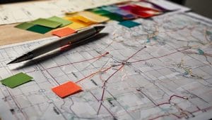 A planning map on a desk with risk-rating cards and a pen, illustrating local plan risk management