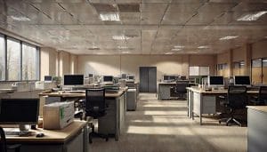 A modern open-plan office with rows of desks, computers and stacked files, representing pension administration work