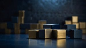 Abstract still life of stacked metallic blocks representing institutional investment growth
