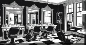 Monochrome engraving-style illustration of an empty hair salon interior with styling chairs and mirrors