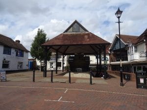 St George's Square, Ashford, with the covered WWI tank memorial and the Park Mall frontage to the right