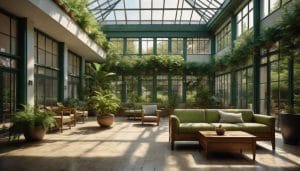 A bright, modern community health waiting area with comfortable seating and a view of a green garden courtyard, illustrating neighbourhood health services