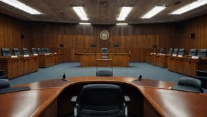 An empty local government council chamber with curved wooden desks, microphones and overhead lighting