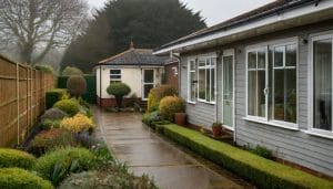 Exterior view of a generic care home building with a garden on an overcast day