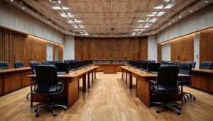Empty modern council chamber with curved wooden desks and microphones, illustrative image