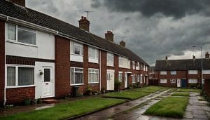 A row of modest British social housing properties with brick facades and small front gardens under an overcast sky