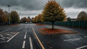 An empty British town centre car park with marked bays and autumn trees in the background