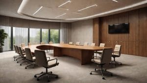 An empty modern committee meeting room with a curved wooden table and upholstered chairs under soft overhead lighting
