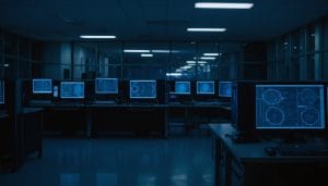Illustration of an empty computer research laboratory at night with monitors showing abstract data